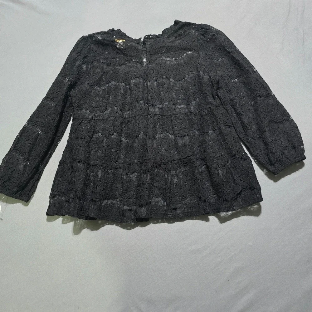 Monteau Los Angeles Lace Peplum Top Womens Medium Black Mock Neck Tiered - Picture 6 of 6
